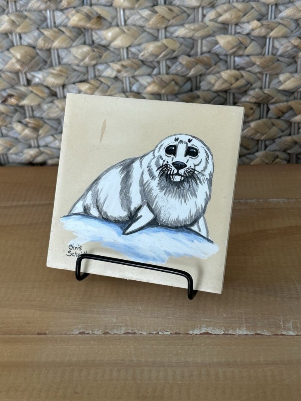 Harp Seal Pup Ceramic Tile Decorative Art Home Decor Signed Chris Schneider